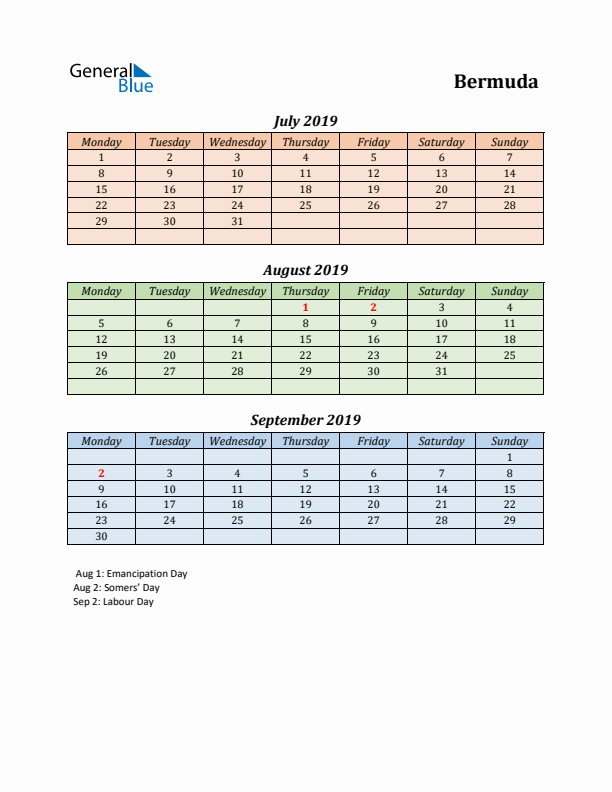 Q3 2019 Holiday Calendar - Bermuda