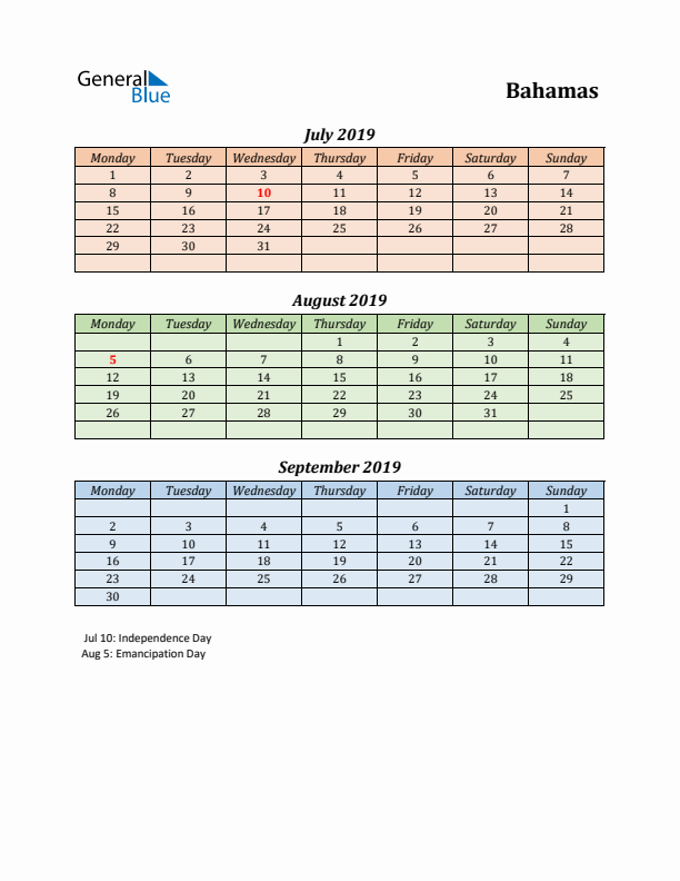 Q3 2019 Holiday Calendar - Bahamas