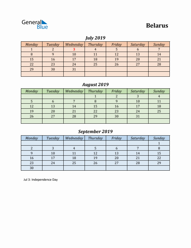 Q3 2019 Holiday Calendar - Belarus