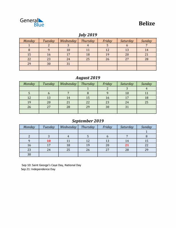 Q3 2019 Holiday Calendar - Belize