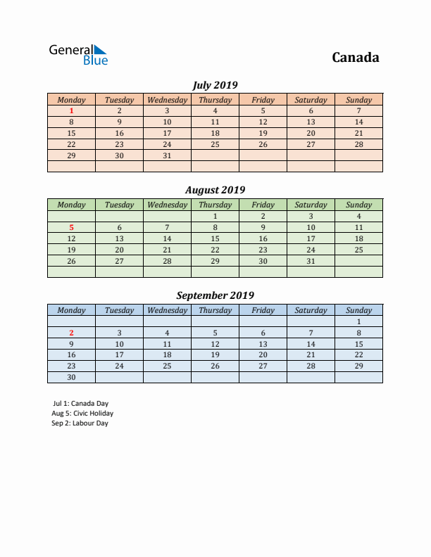 Q3 2019 Holiday Calendar - Canada