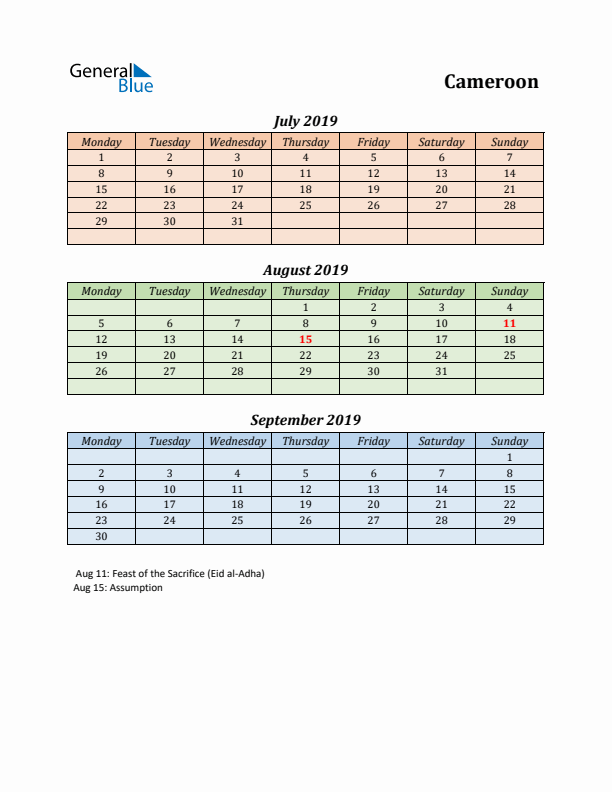 Q3 2019 Holiday Calendar - Cameroon