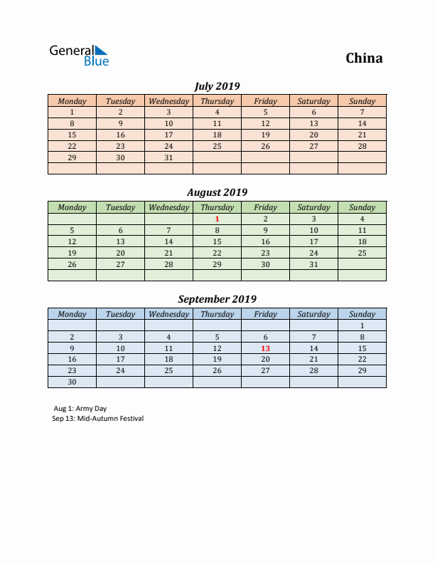 Q3 2019 Holiday Calendar - China