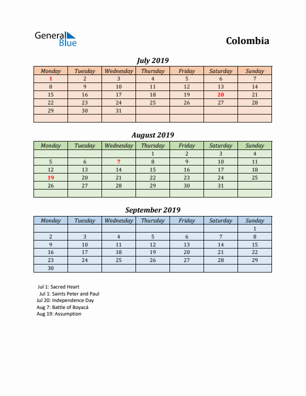 Q3 2019 Holiday Calendar - Colombia