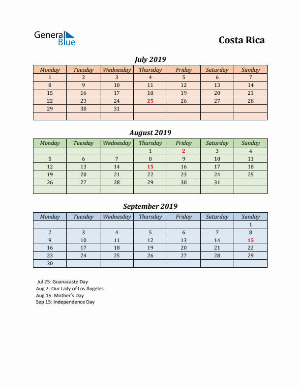 Q3 2019 Holiday Calendar - Costa Rica