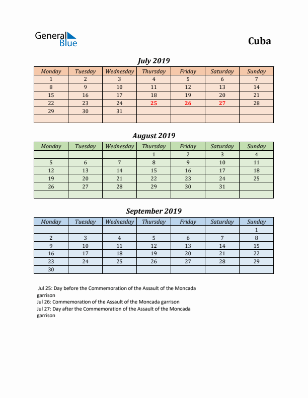 Q3 2019 Holiday Calendar - Cuba