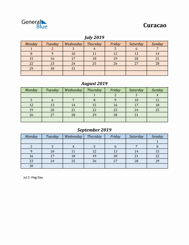 Q3 2019 Holiday Calendar - Curacao