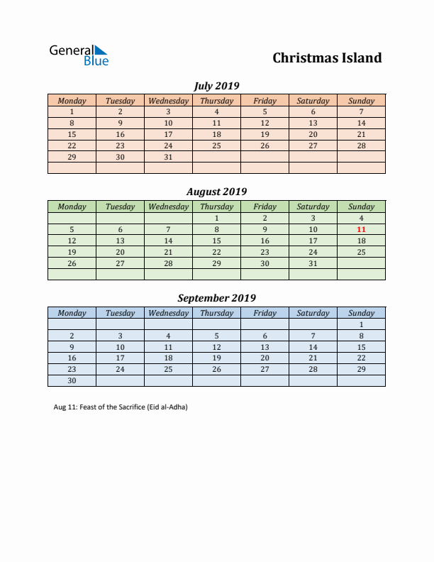 Q3 2019 Holiday Calendar - Christmas Island