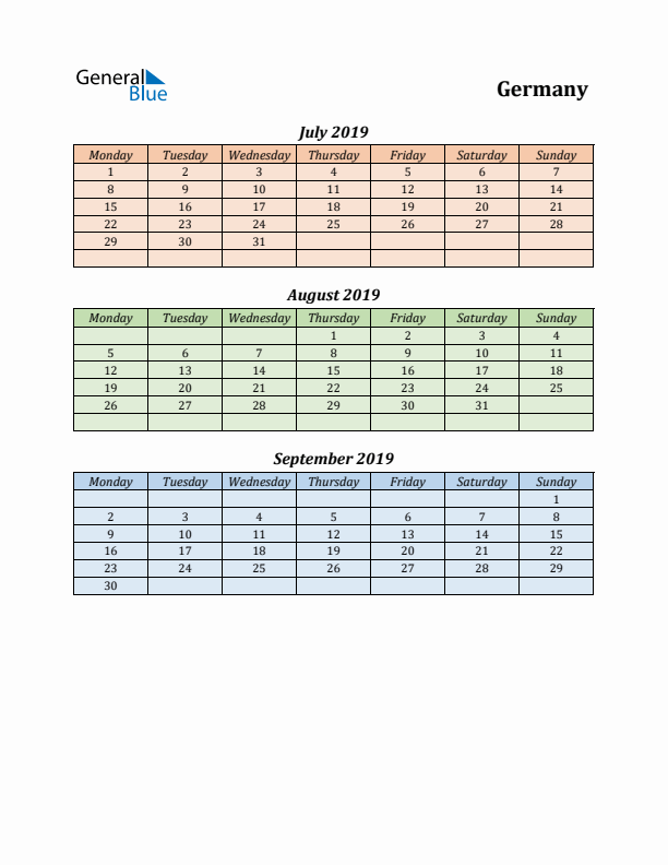 Q3 2019 Holiday Calendar - Germany