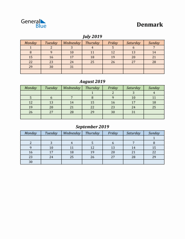 Q3 2019 Holiday Calendar - Denmark