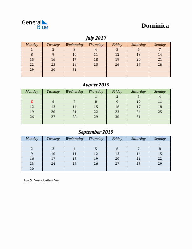 Q3 2019 Holiday Calendar - Dominica