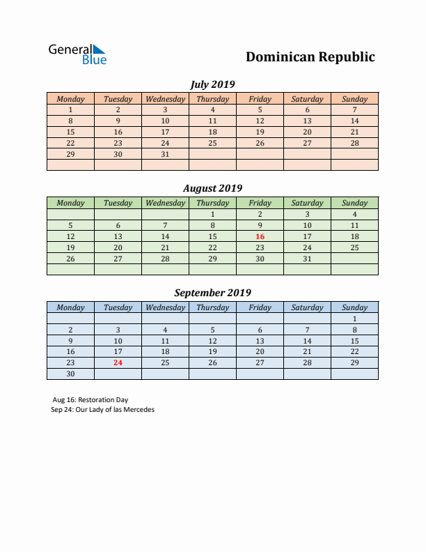 Q3 2019 Holiday Calendar - Dominican Republic