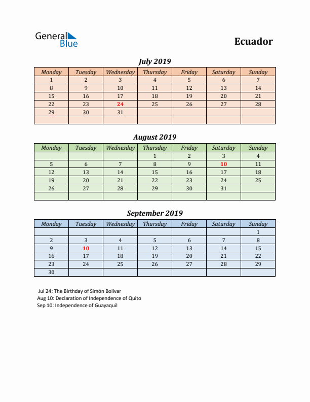 Q3 2019 Holiday Calendar - Ecuador