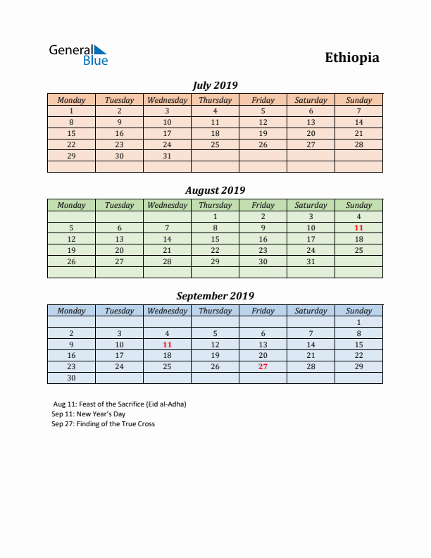 Q3 2019 Holiday Calendar - Ethiopia