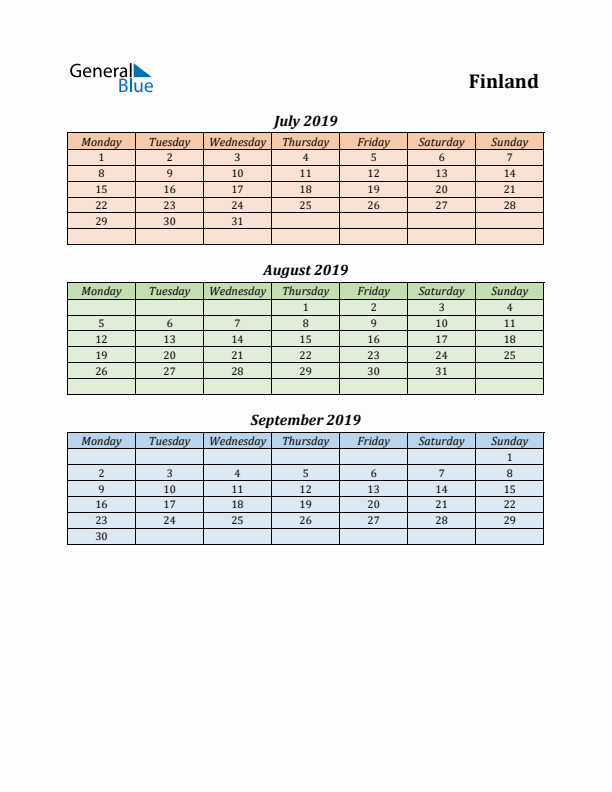 Q3 2019 Holiday Calendar - Finland