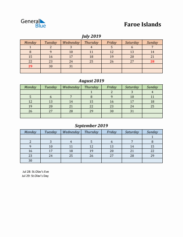 Q3 2019 Holiday Calendar - Faroe Islands