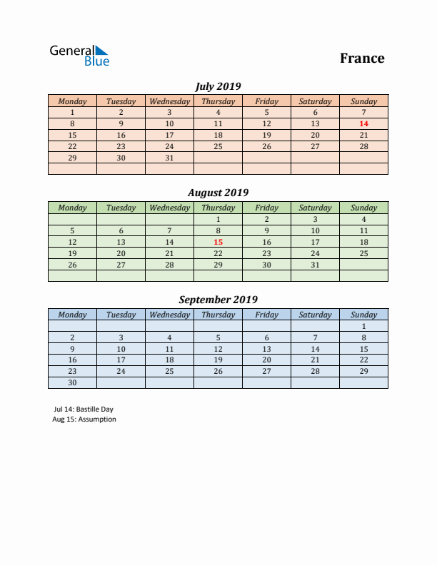 Q3 2019 Holiday Calendar - France