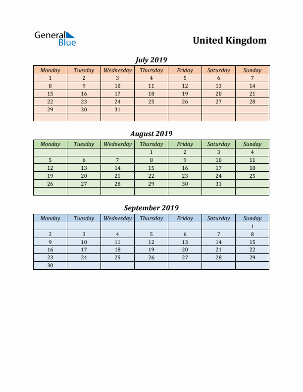 Q3 2019 Holiday Calendar - United Kingdom