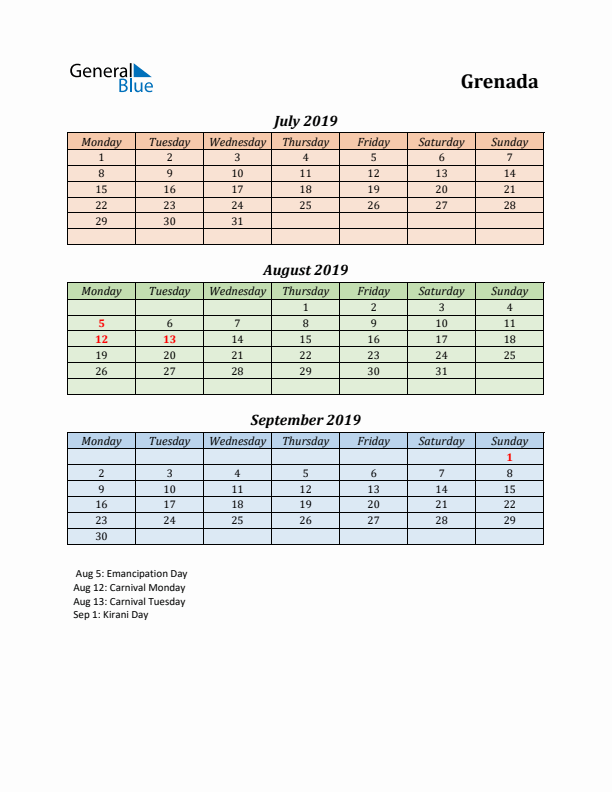 Q3 2019 Holiday Calendar - Grenada