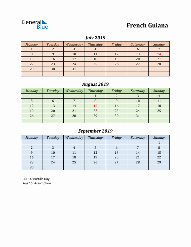 Q3 2019 Holiday Calendar - French Guiana