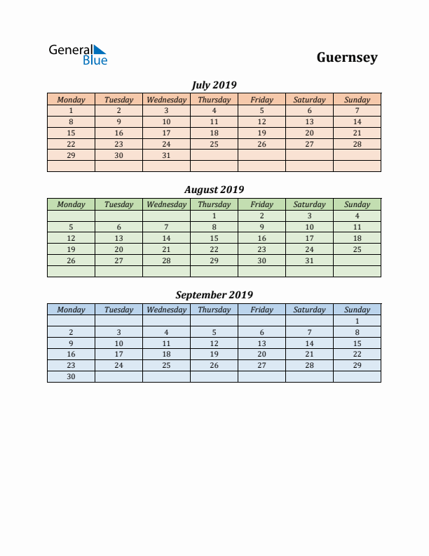 Q3 2019 Holiday Calendar - Guernsey