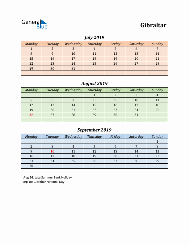 Q3 2019 Holiday Calendar - Gibraltar