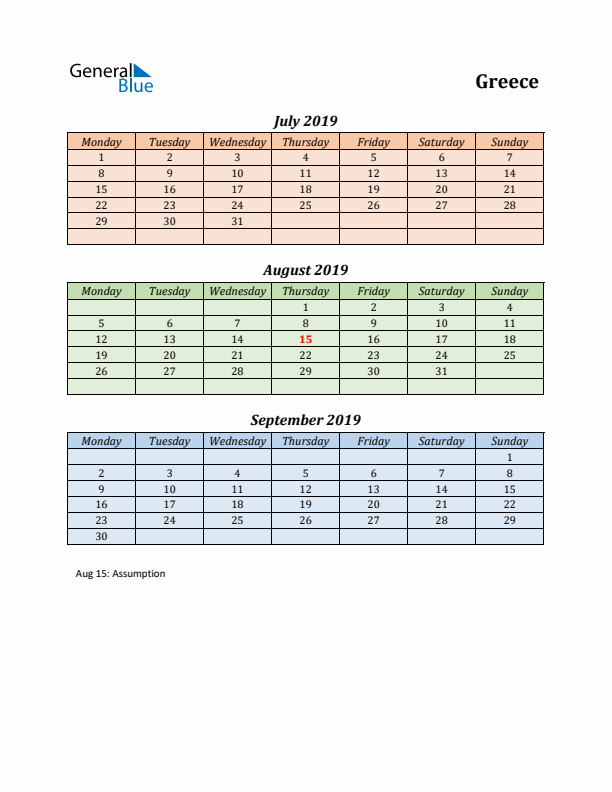 Q3 2019 Holiday Calendar - Greece