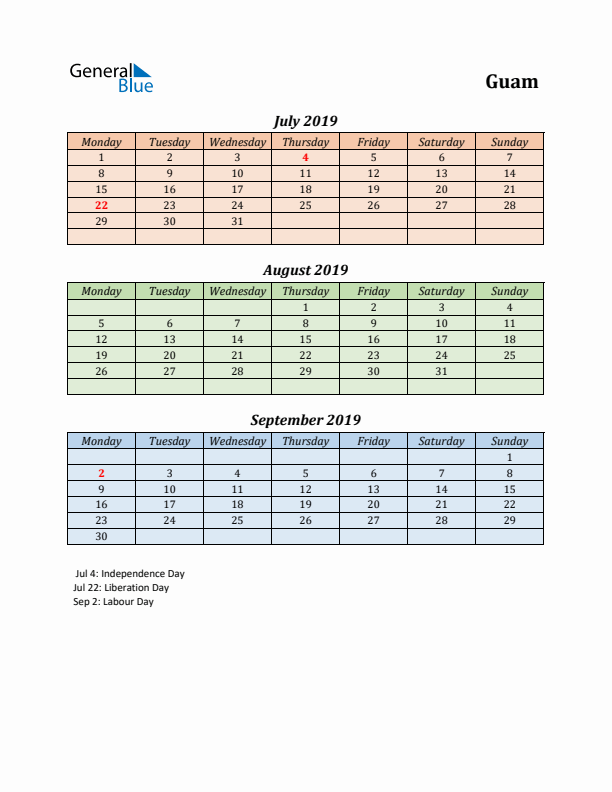 Q3 2019 Holiday Calendar - Guam