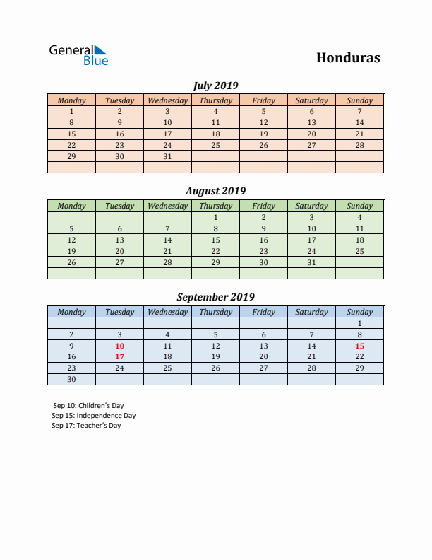 Q3 2019 Holiday Calendar - Honduras