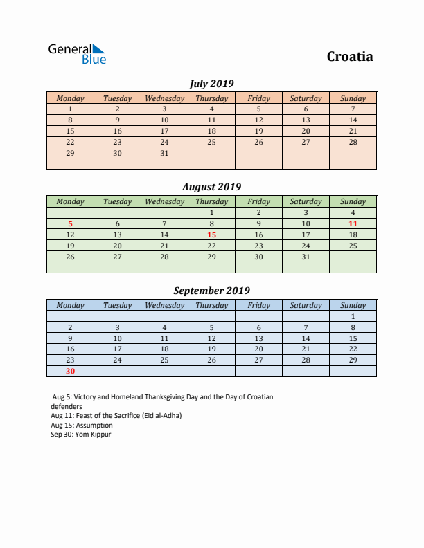 Q3 2019 Holiday Calendar - Croatia