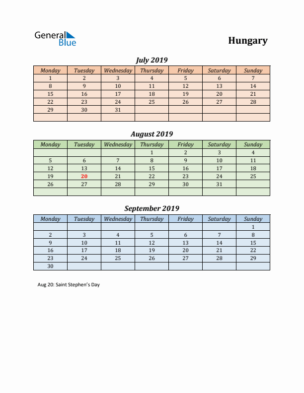 Q3 2019 Holiday Calendar - Hungary