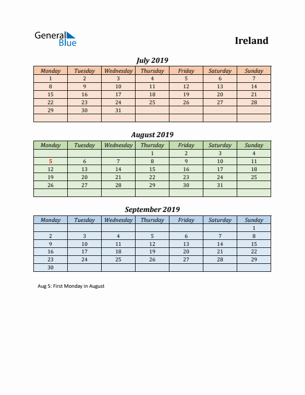 Q3 2019 Holiday Calendar - Ireland