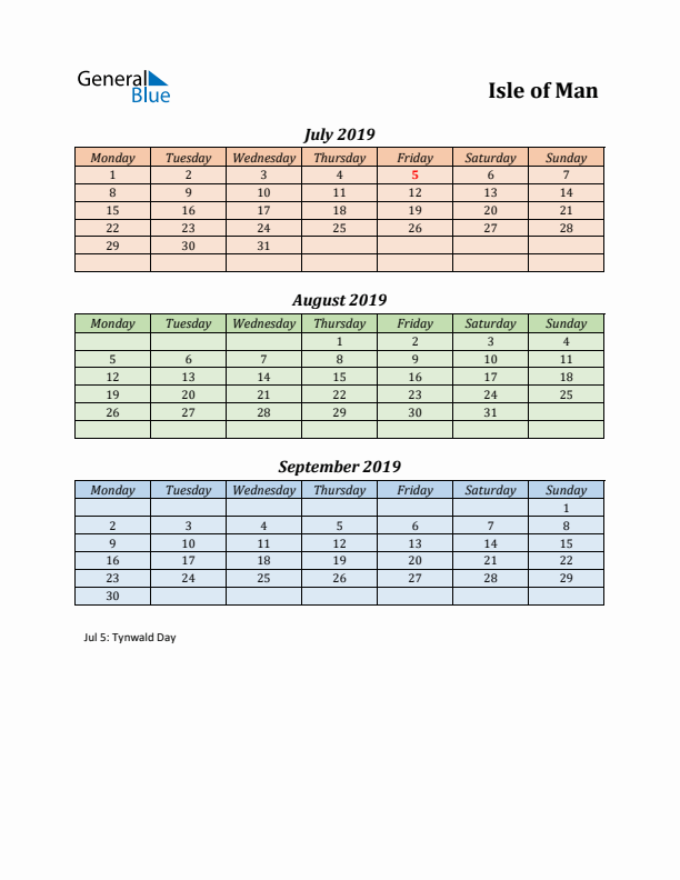 Q3 2019 Holiday Calendar - Isle of Man