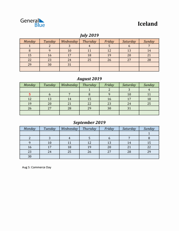 Q3 2019 Holiday Calendar - Iceland