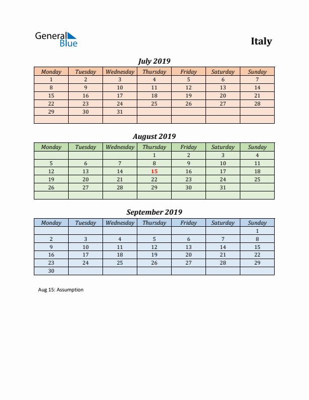 Q3 2019 Holiday Calendar - Italy