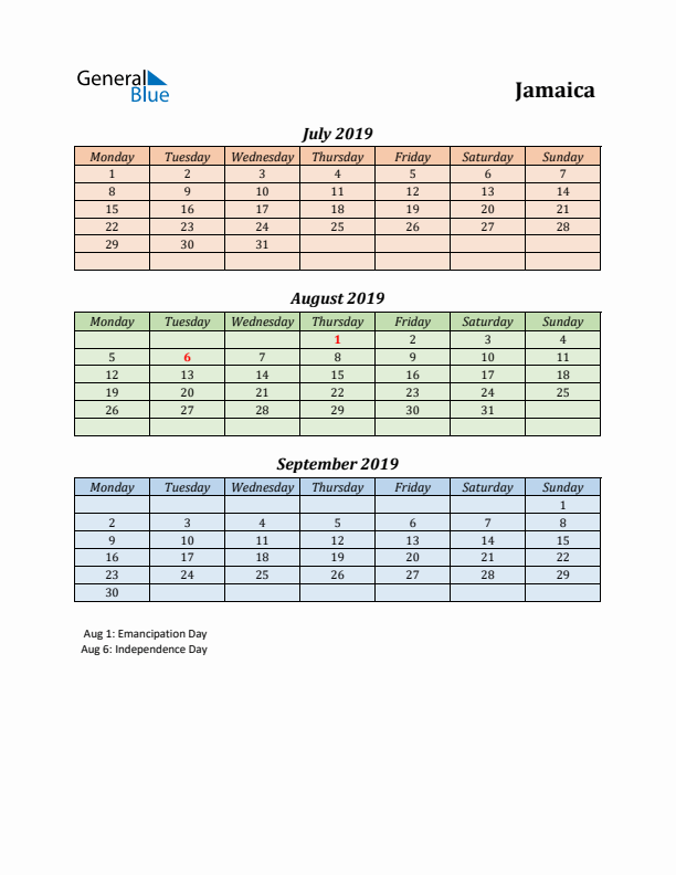 Q3 2019 Holiday Calendar - Jamaica