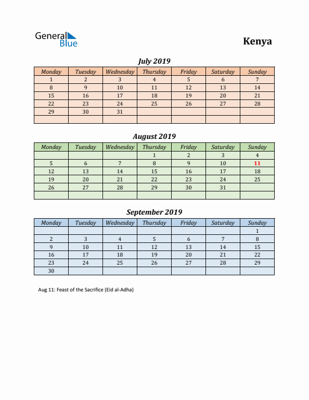 Q3 2019 Holiday Calendar - Kenya