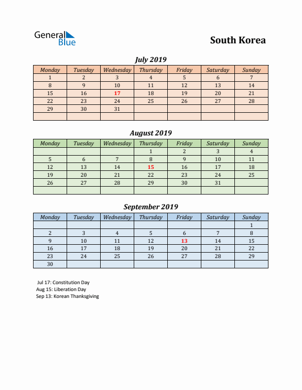 Q3 2019 Holiday Calendar - South Korea