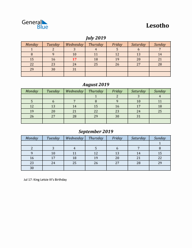 Q3 2019 Holiday Calendar - Lesotho