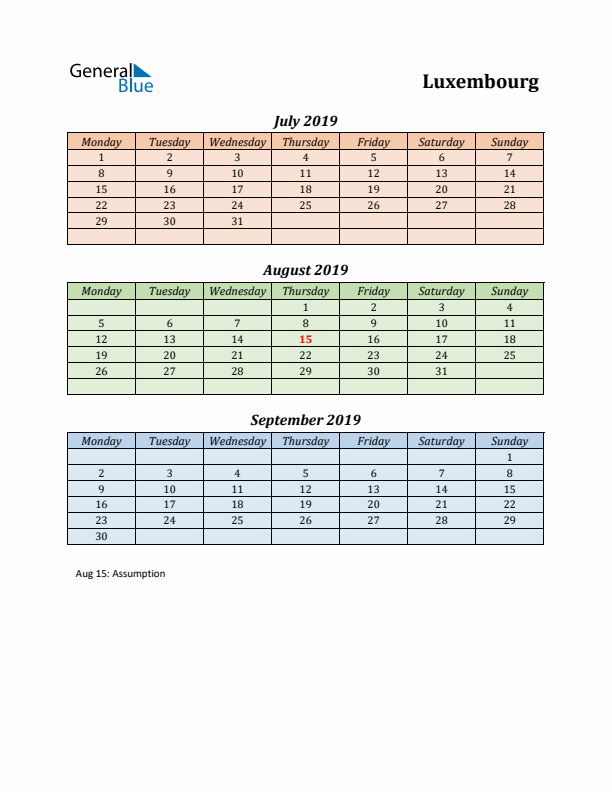 Q3 2019 Holiday Calendar - Luxembourg