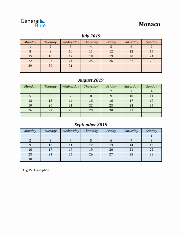 Q3 2019 Holiday Calendar - Monaco