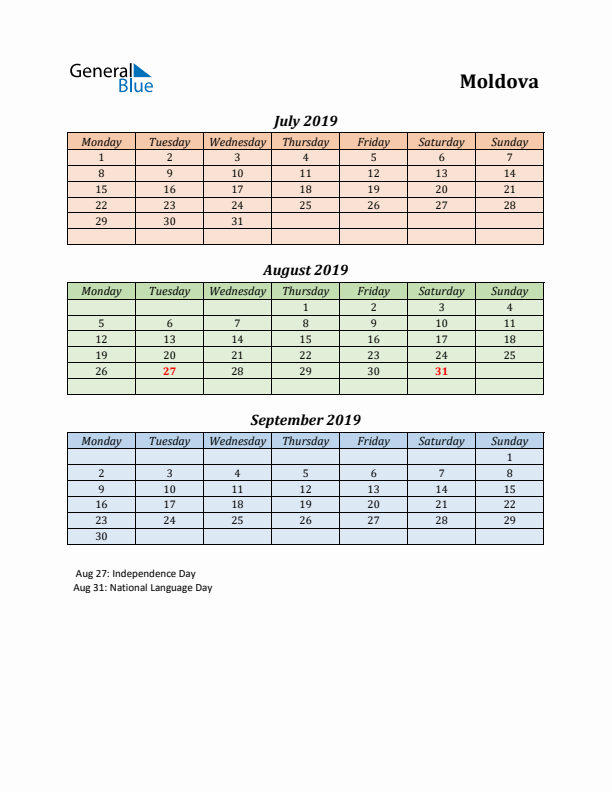 Q3 2019 Holiday Calendar - Moldova