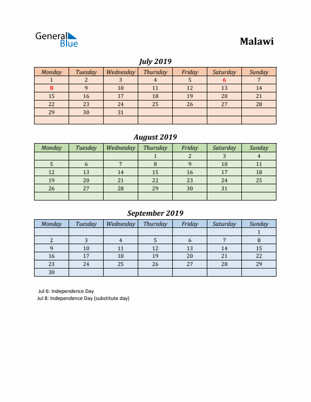 Q3 2019 Holiday Calendar - Malawi