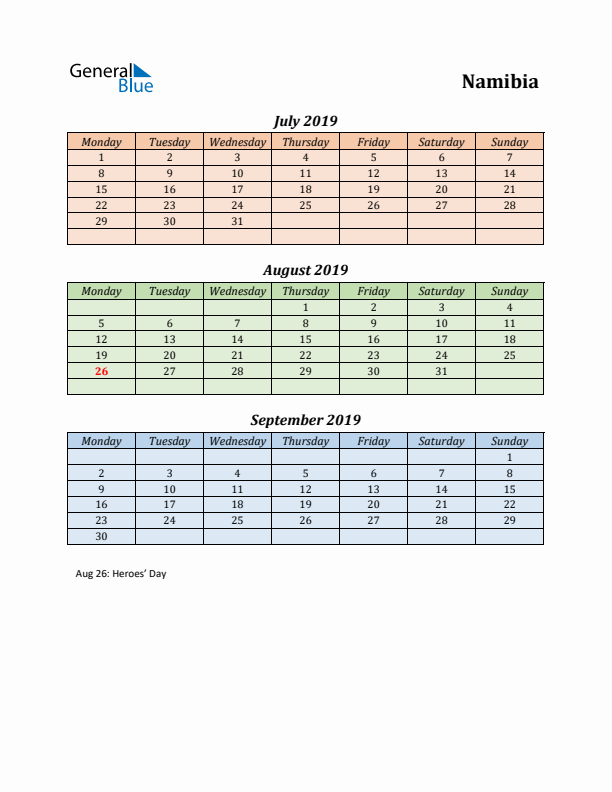 Q3 2019 Holiday Calendar - Namibia