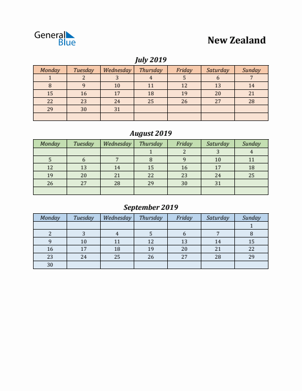 Q3 2019 Holiday Calendar - New Zealand