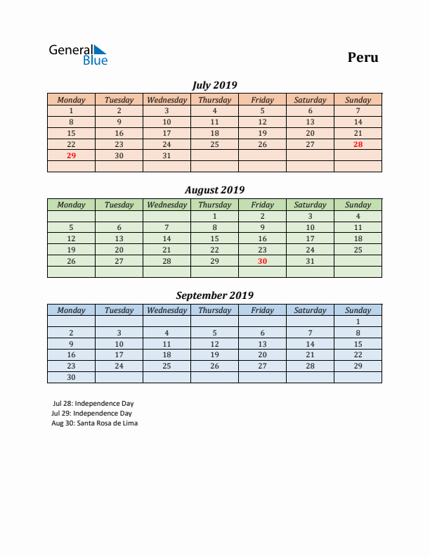 Q3 2019 Holiday Calendar - Peru