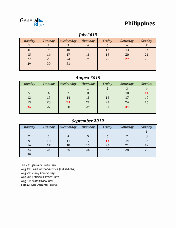 Q3 2019 Holiday Calendar - Philippines