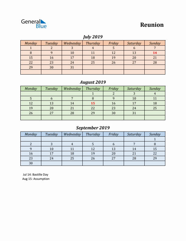 Q3 2019 Holiday Calendar - Reunion