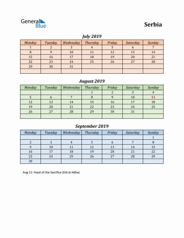 Q3 2019 Holiday Calendar - Serbia