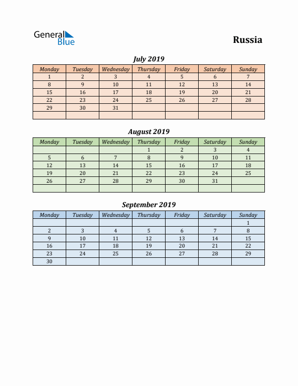 Q3 2019 Holiday Calendar - Russia